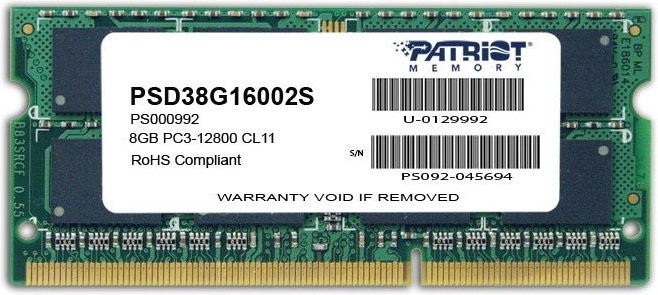 Оперативная память Patriot Signature 8GB DDR3 SO-DIMM PC3-12800 (PSD38G16002S)